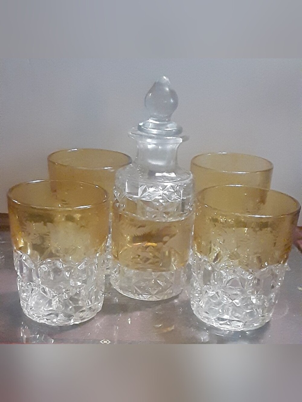 RARE EAPG c1891 Hobbs Glass Co (4) Amber Stained HEX BLOCK Tumblers + Decanter